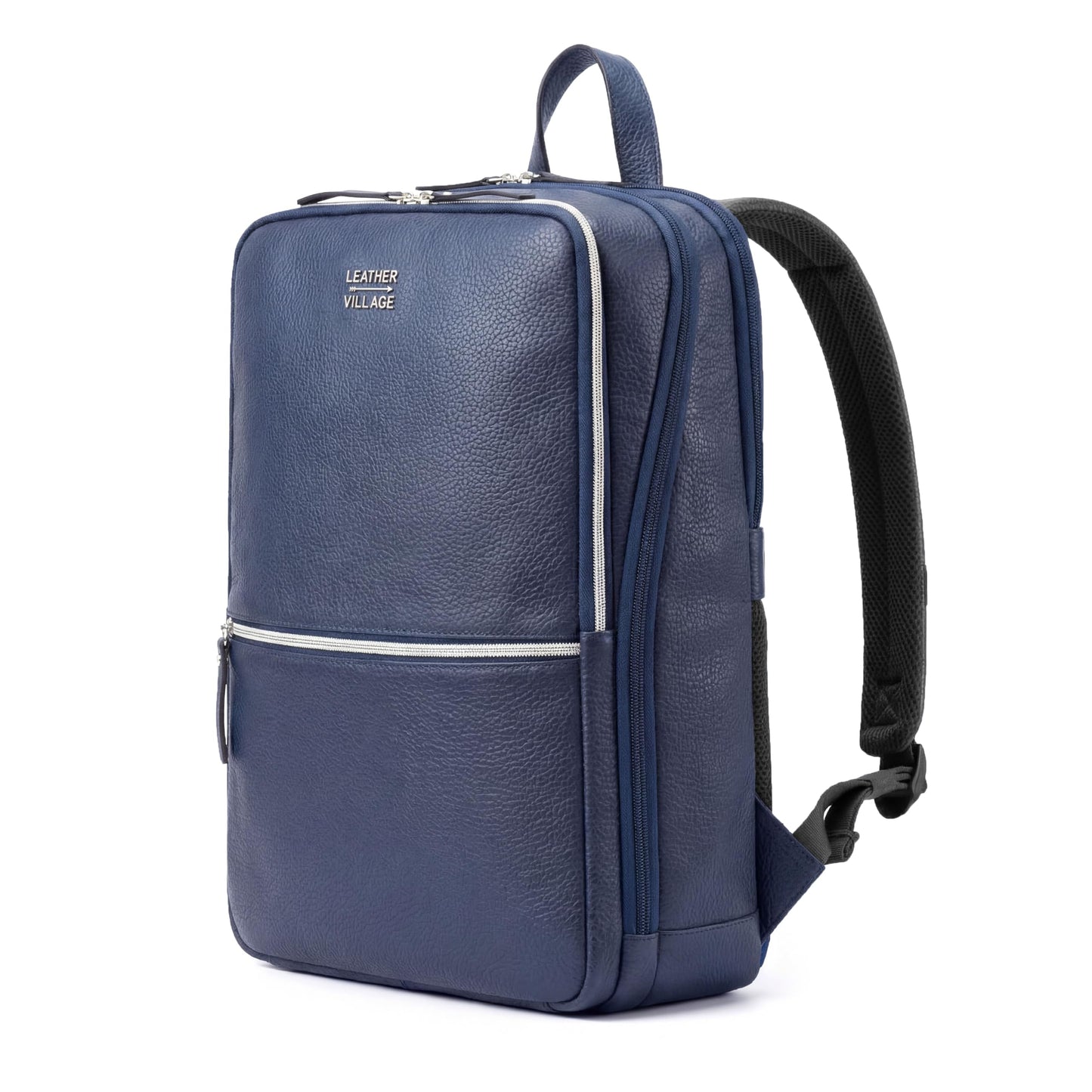 LEATHER VILLAGE Leather Laptop Backpack for Men | Blue | Slim Professional Business Bag Fits 15.6”-Laptop | Water-Repellent Work & Travel Daypack with Trolley Strap