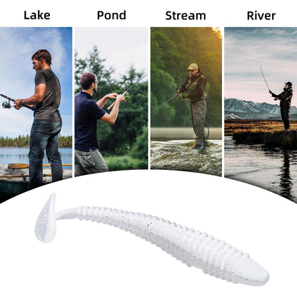 100pcs Swimbaits Paddle Bulk Lure Kit, Soft Fishing Lures for Bass Trout Crappie, Durable Swimmer for Saltwater/Freshwater（Silvery White, 3in）