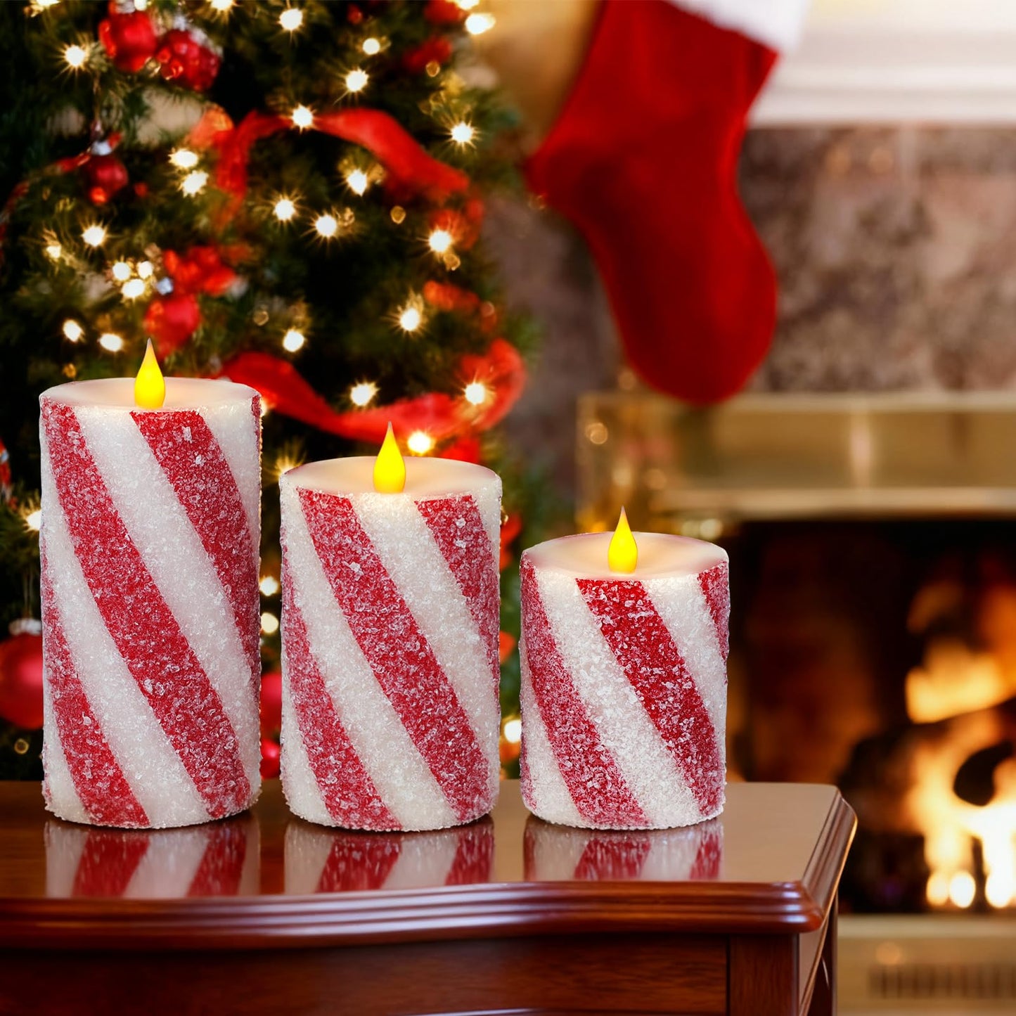 Christmas Pillar Flameless Candles Decor - Red and White Candy Cane Stripe LED Battery Operated Flickering Candles with Timer Remote Control Xmas Party Wedding Home Table Decoration