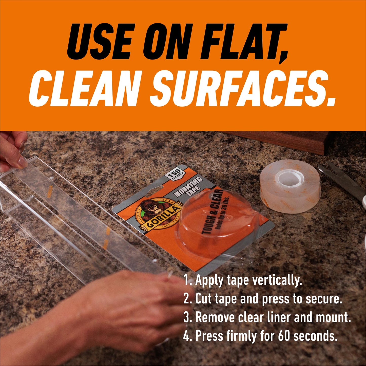 Gorilla Tough & Clear Double Sided Mounting Tape, Clear Tape, 1" x 150" (Pack of 2) - Weatherproof for Indoor or Outdoor