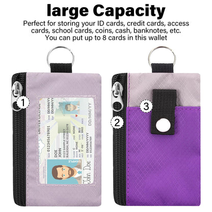 ZHOMA Minimalist RFID Blocking Wallet with Lanyard, Functional ID Case with 2 Zipper Pockets and Key Chain for Men and Women, Tactical Badge Pouch Cards Holder, Coin Purse for Travel Sports-Purple
