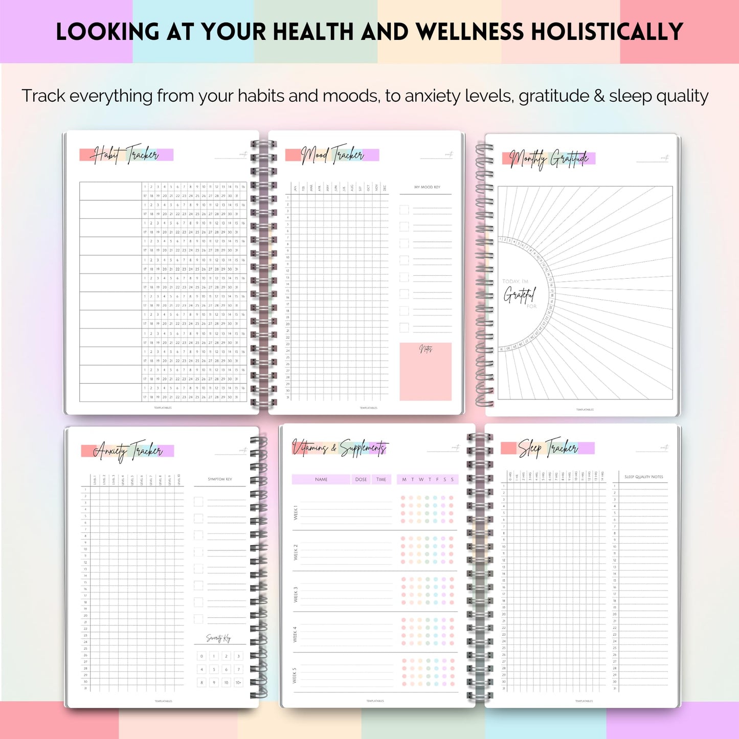 Wellness Journal - 90 Day Health, Fitness, Gratitude, Mindfullness, Wellbeing, Habit, Goals, Diet & Food Tracker - A5 (Pastel Rainbow)