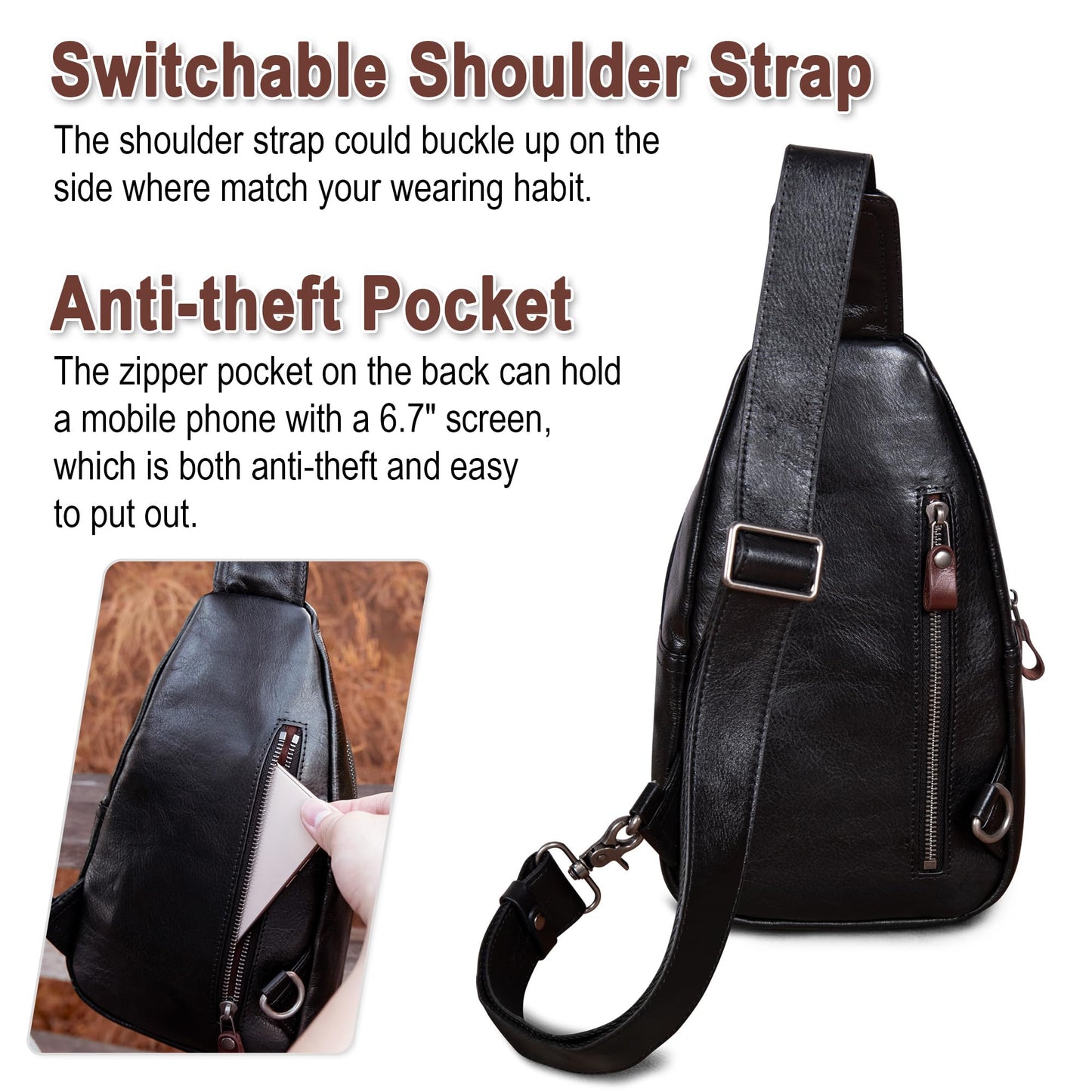Genuine Leather Sling Bag for Men and Women Crossbody Shoulder Bag Sling Backpack Chest Purse Carry on Casual Daypack(Black)