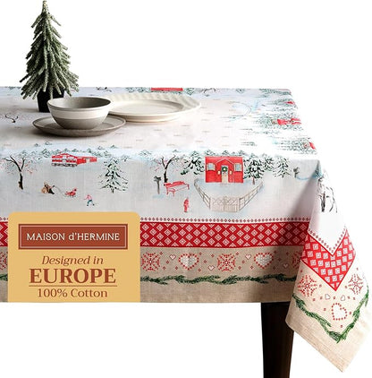 Maison d' Hermine Table Cloth Rectangle Table 100% Cotton 70 x 108 Inches Fall Tablecloth Reusable Everyday Use for Thanksgiving Christmas Decorations Dining Farmhouse Party (Rural Christmas)
