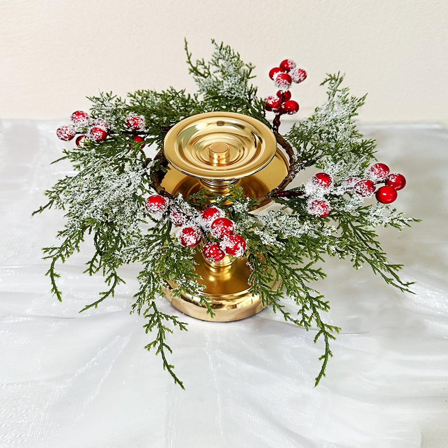 Small Christmas Wreath Candle Rings Artificial Cedar Cypress Wreaths with Red Berries, Candle Holders for Holiday Table Centerpiece Decor (Candle Rings 04)