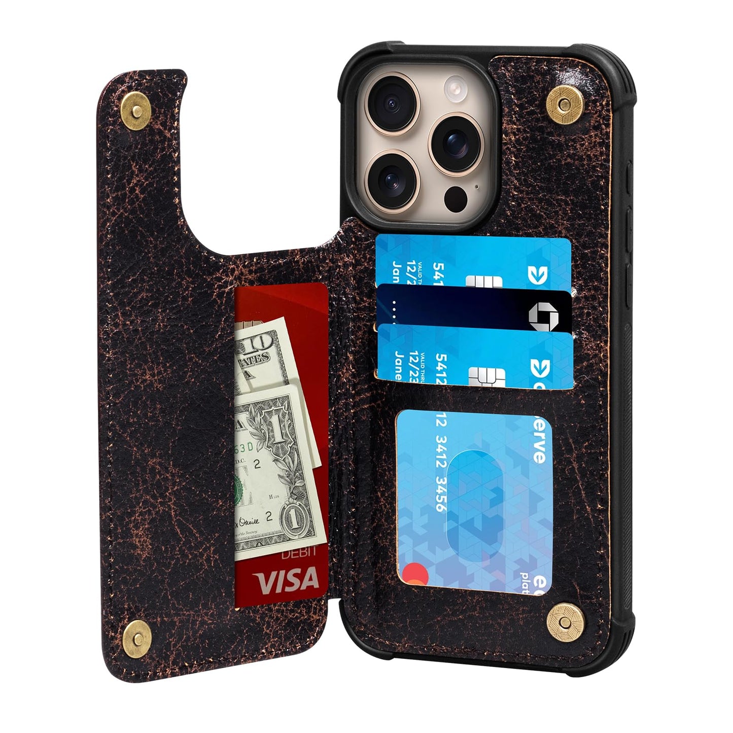 RMAWRAD Wallet Real Leather Case Compatible with iPhone 15 Pro Max 6.7",Genuine Leather，Shockproof, Anti-Fall Case, Flip Cover, with Card Slot, Double Magnetic Buckle, Kickstand, Coffee