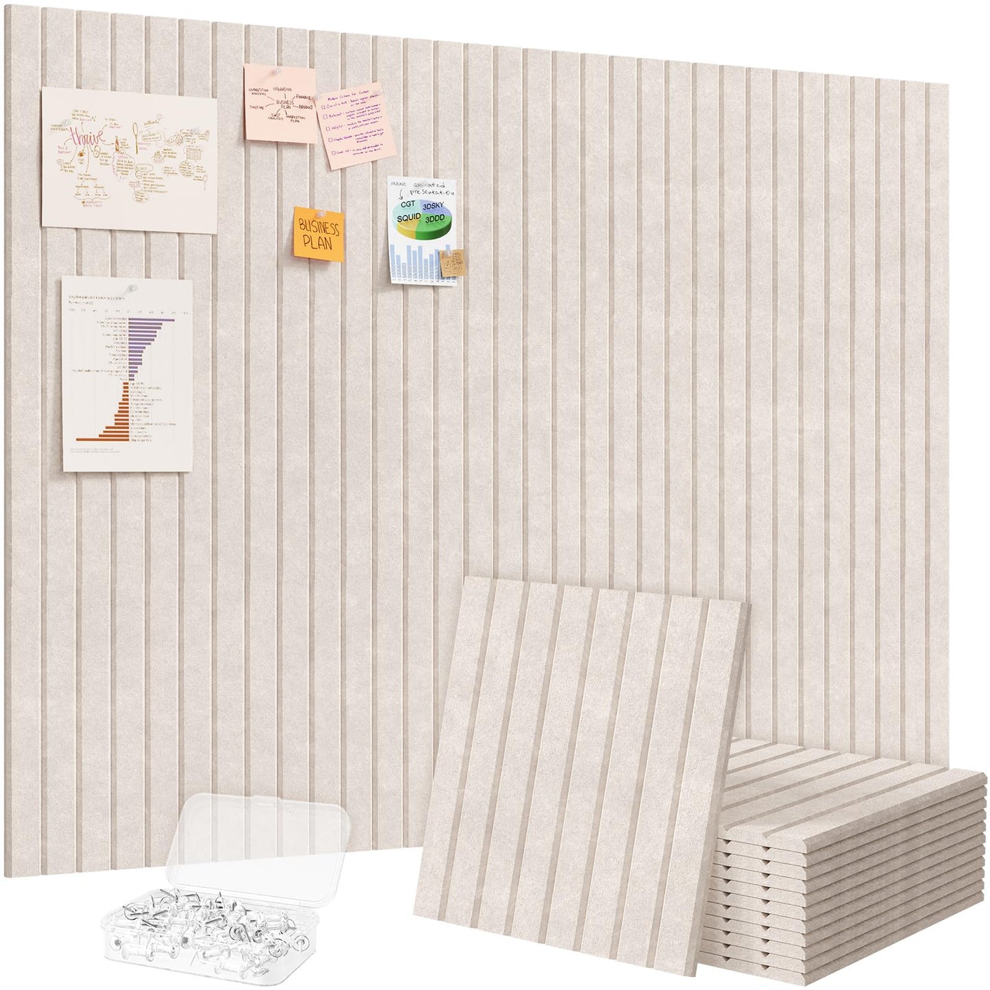 Lifewit Felt Slatted Bulletin Board with Self-Adhesive, 48"x 36"-12 Pack Cork Board Alternative, Pin Board Vision Board Message Board with 50 Pushpins for Office Decor, Room Decor, Oatmeal