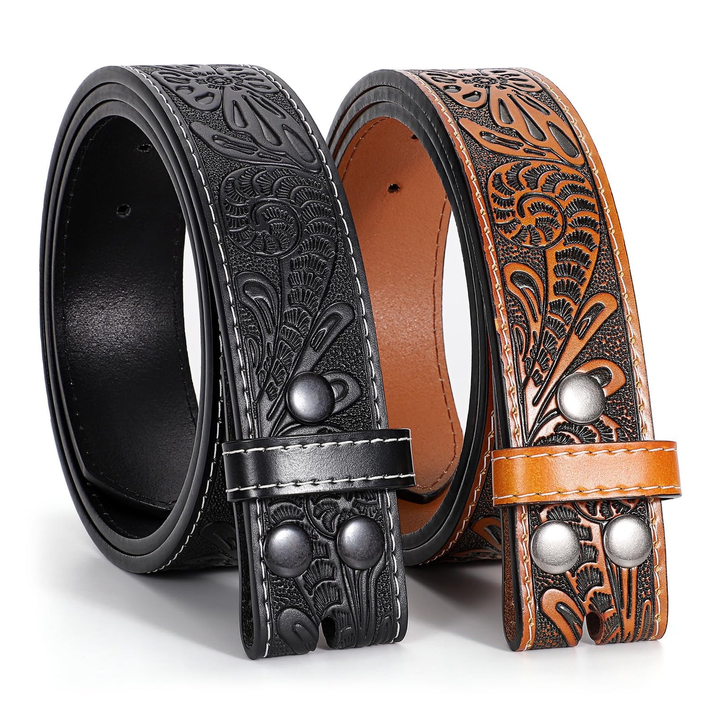 LALATCH Mens Western Cowboy Belt, 2 Pack Western Belts without Buckle for Men Woman Cowgirl Leather Jeans Belt, Brown+Black
