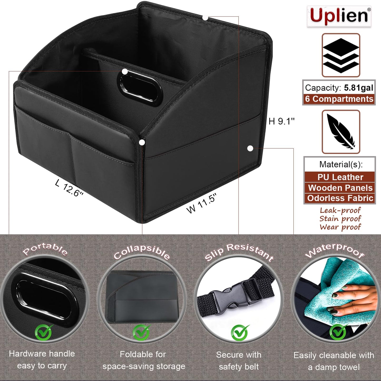 Uplien Car Storage Organizer [2025 UPDATED] Leather Car Caddy Basket for Front Seat Floor Back Seats Metal Handle 6 Compartments Adjustable Strap Buckles Slip-Resistant (Black)