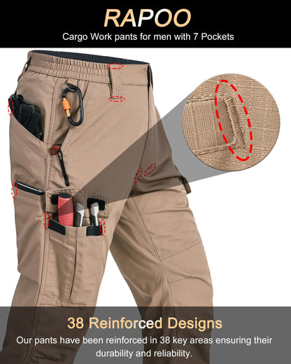 Rapoo Cargo Pants for Men Work Hiking Tactical Army Casual Pants for Men with Multi Pockets Water Resistant Mens Ripstop Breathable Outdoor Pants Khaki 42Wx34L