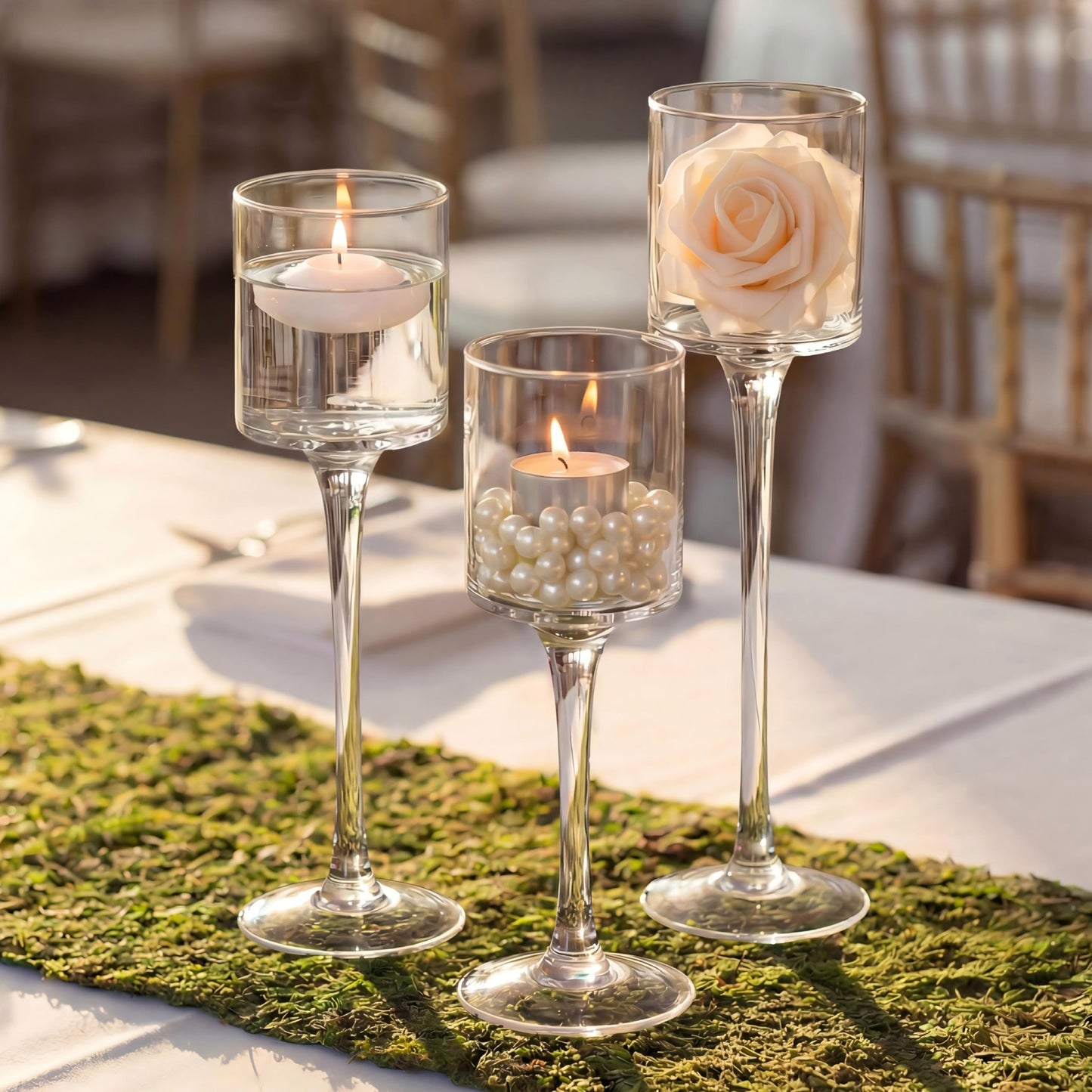 NUPTIO Tealight Candle Holders Glass: Set of 3 Long Stemmed Candle Stands for Dinner Table Centerpiece - Monet Candleholders Pillar Floating Candles