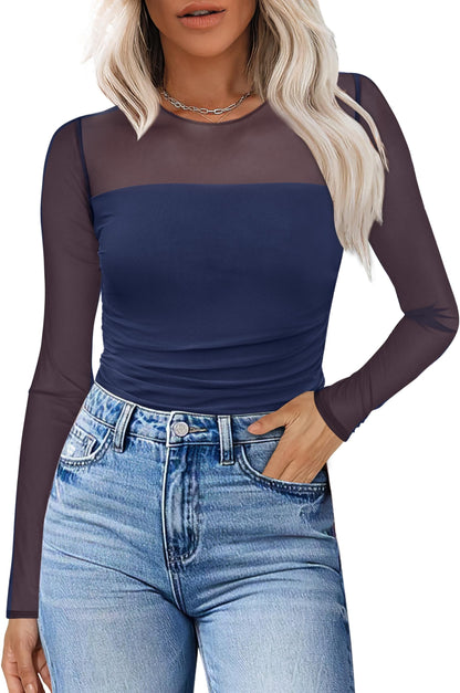 XIEERDUO Women's Sexy Sheer Long Sleeve Tops Crew Neck Mesh Ruched Going Out Shirts Blouse Date Night Outfits