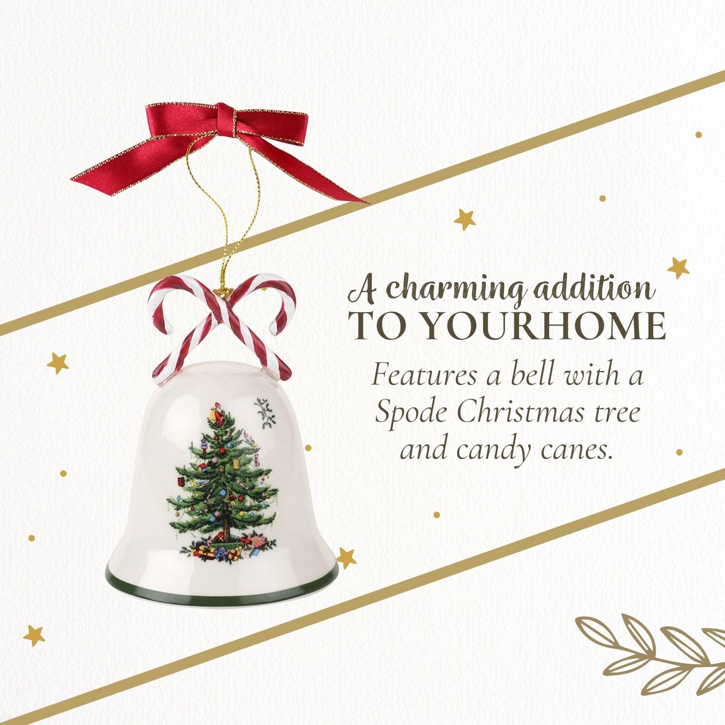 Spode Christmas Tree Candy Cane Bell Ornament, Elegant Hanging Decoration for Christmas Trees - Holiday Home Accents & Festive Ornament - Thoughtful Keepsake & Gift for Friends & Family