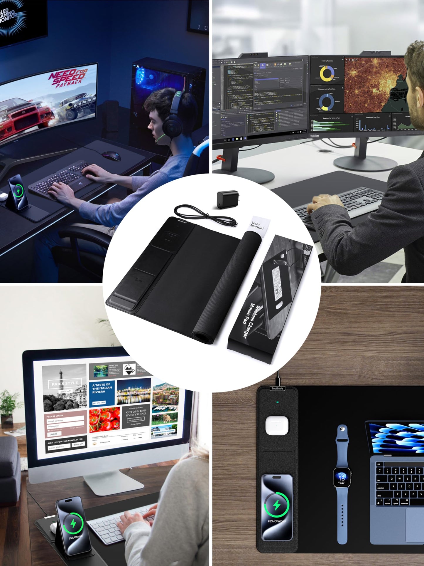 Wireless Charging Mouse Pad with Foldable Phone Holder, 31.5" x 15.8" XXL Large Desk Pad, Gaming Mousepad with Ultra-Smooth Surface, Non-Slip Base, Black Waterproof Desk Mat, with 20W PD Charging Kit