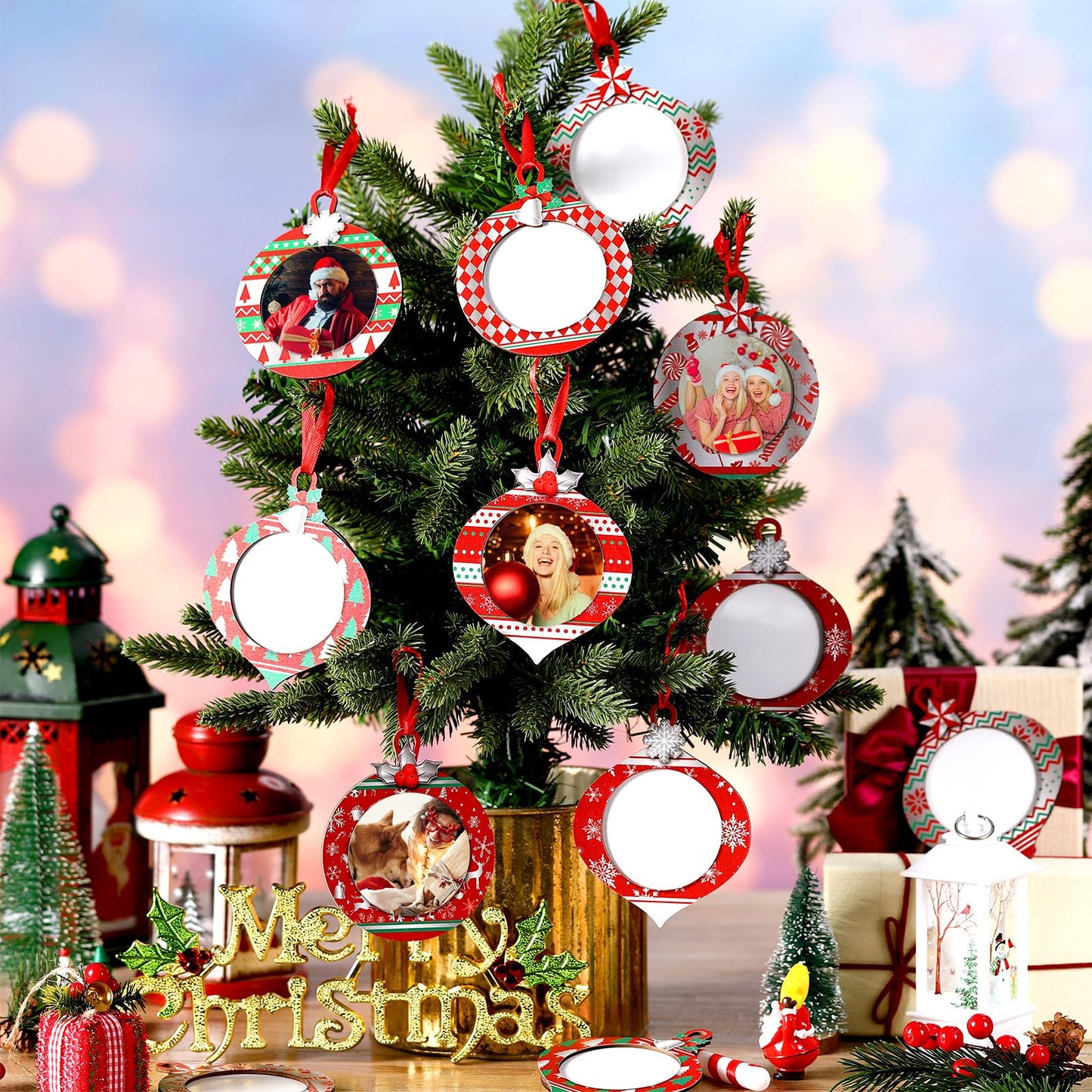 Yalikop 16 Pcs Christmas Photo Frame Ornaments Wooden Nutcrackers Santa Snowman Snowflake Picture Frame Tree Decoration DIY Photo Keepsakes for Xmas Party Decorations Winter (Light Ball)