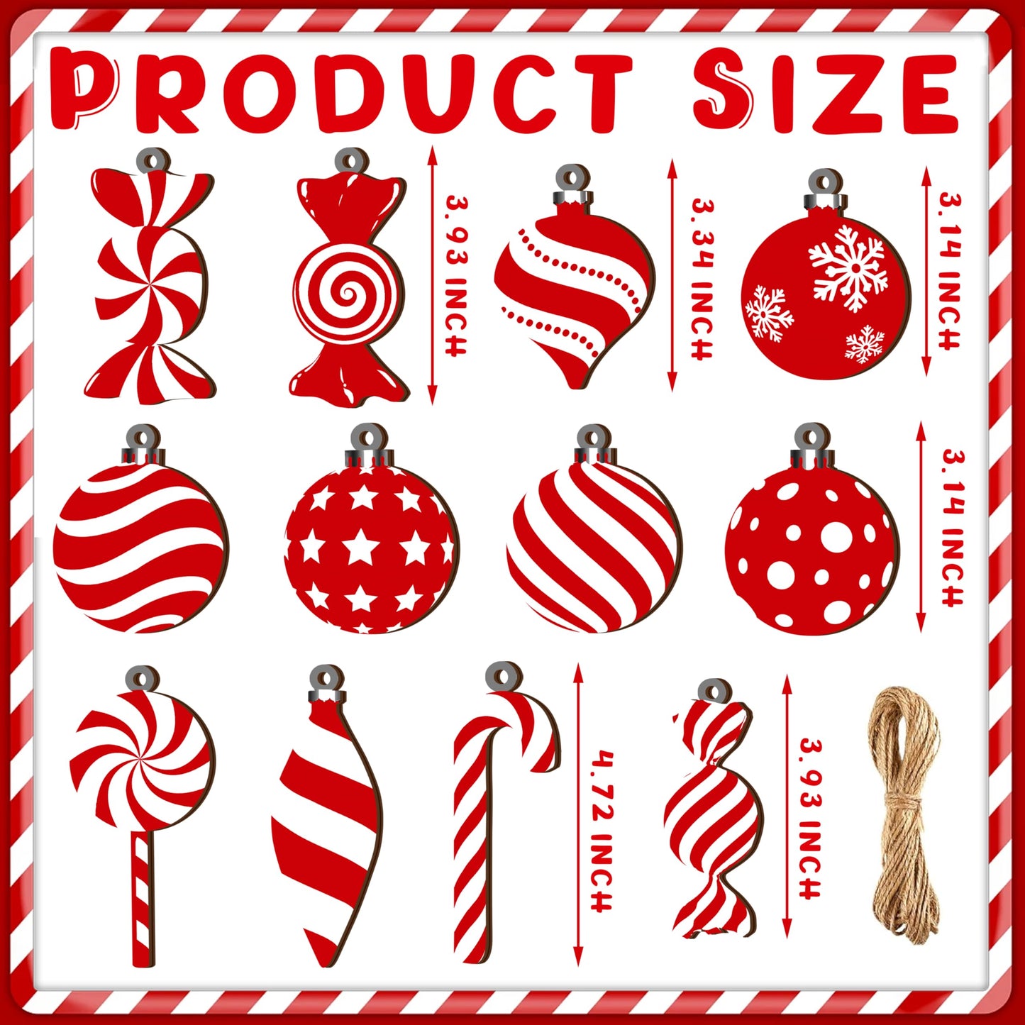 Christmas Candy Lollipop Ornaments Set -24Pcs for Xmas Tree Decoration Wooden Hanging Peppermint Candy Cane Ball Pendants for New Year Home Decor Party Supplies (Red)