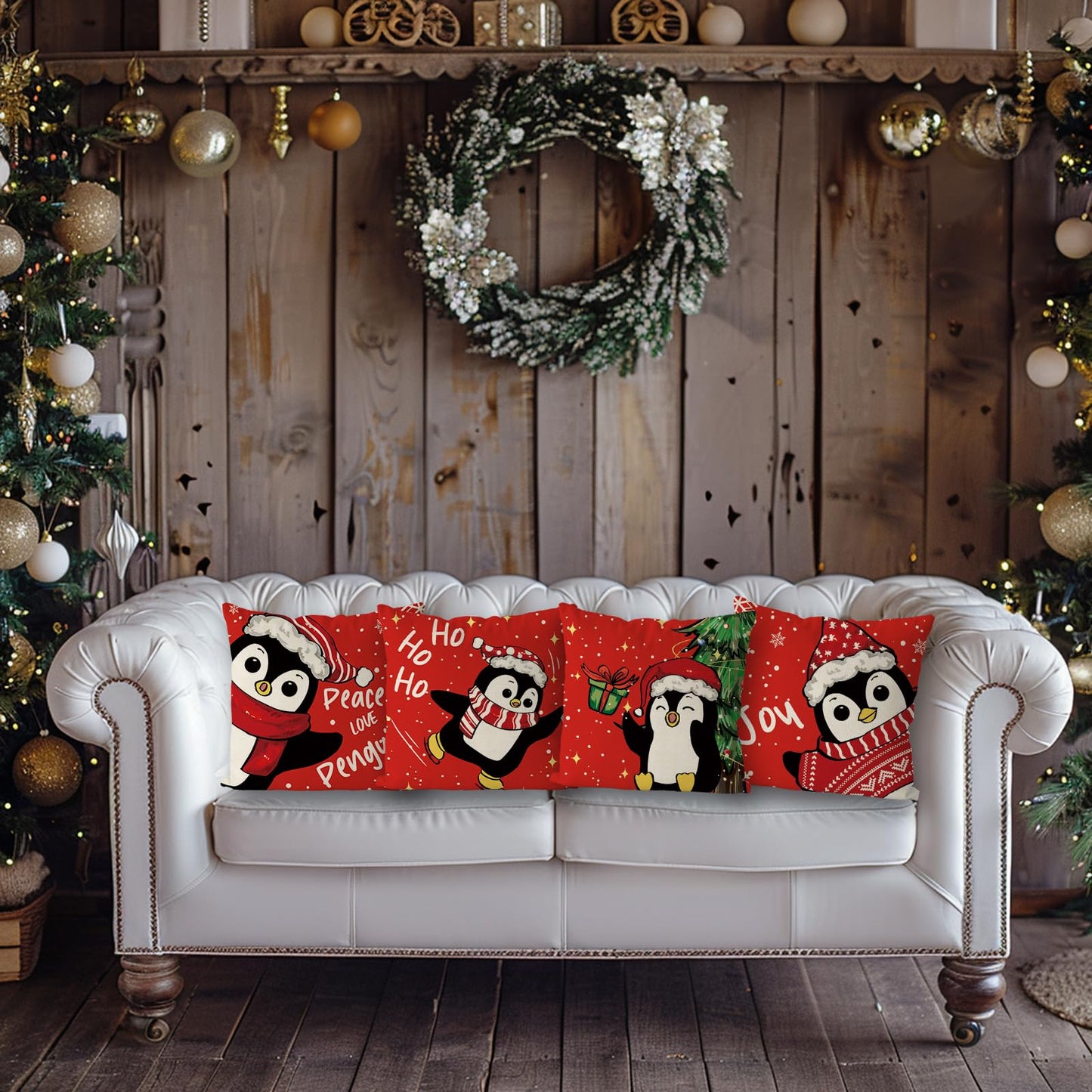 QIONG MENG Christmas Pillow Covers 18x18 Inch Set of 4 Penguin Christmas Decorations Pillowcase Xmas Red Throw Pillow Covers Home Sofa Living Room Decorative Cushion Case