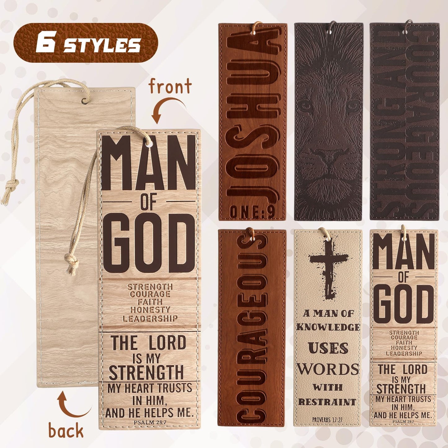 Skyygemm 6 Pieces Father's Day Church Gift Bulk Leather Bible Christian Religious Bookmarks Scripture Bookmarks Joshua 1: 9 Bible Cover Faux Leather with Inspirational Verse Dad Church Gifts for Men