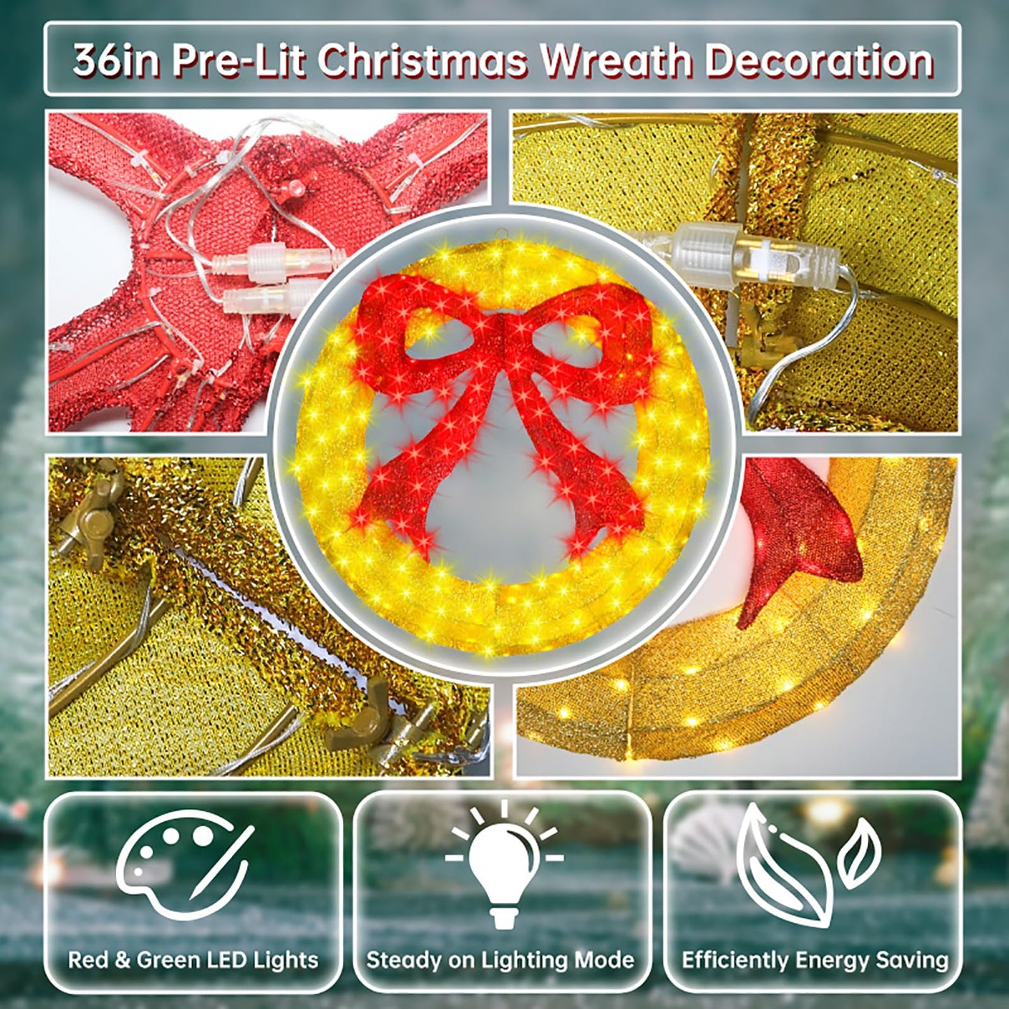 Outdoor Christmas Wreath Decoration - 36" Bright LED Christmas Wreath Lights with Bow, Large Lighted Christmas Wreaths Window Lights for Wall, Windows, Front Door Decor, Red Bow - Gold Wreath