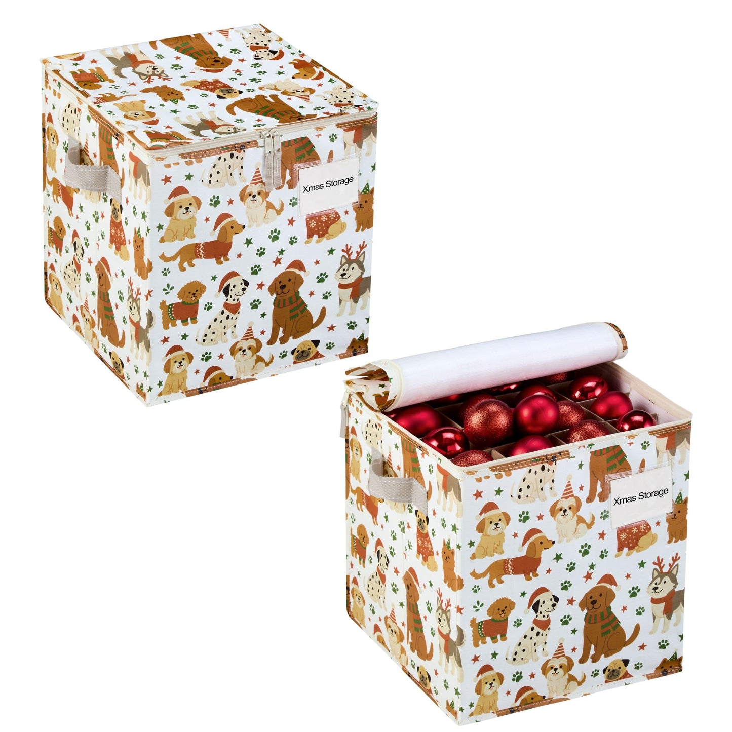 VENO 2 Pack Christmas Ornament Storage Box, Holiday Ornament Organizer with Adjustable Dividers, Sturdy Storage Containers for 64 Ornaments, Zippered Lid & Handles, 3" Cube (Holiday Pups)