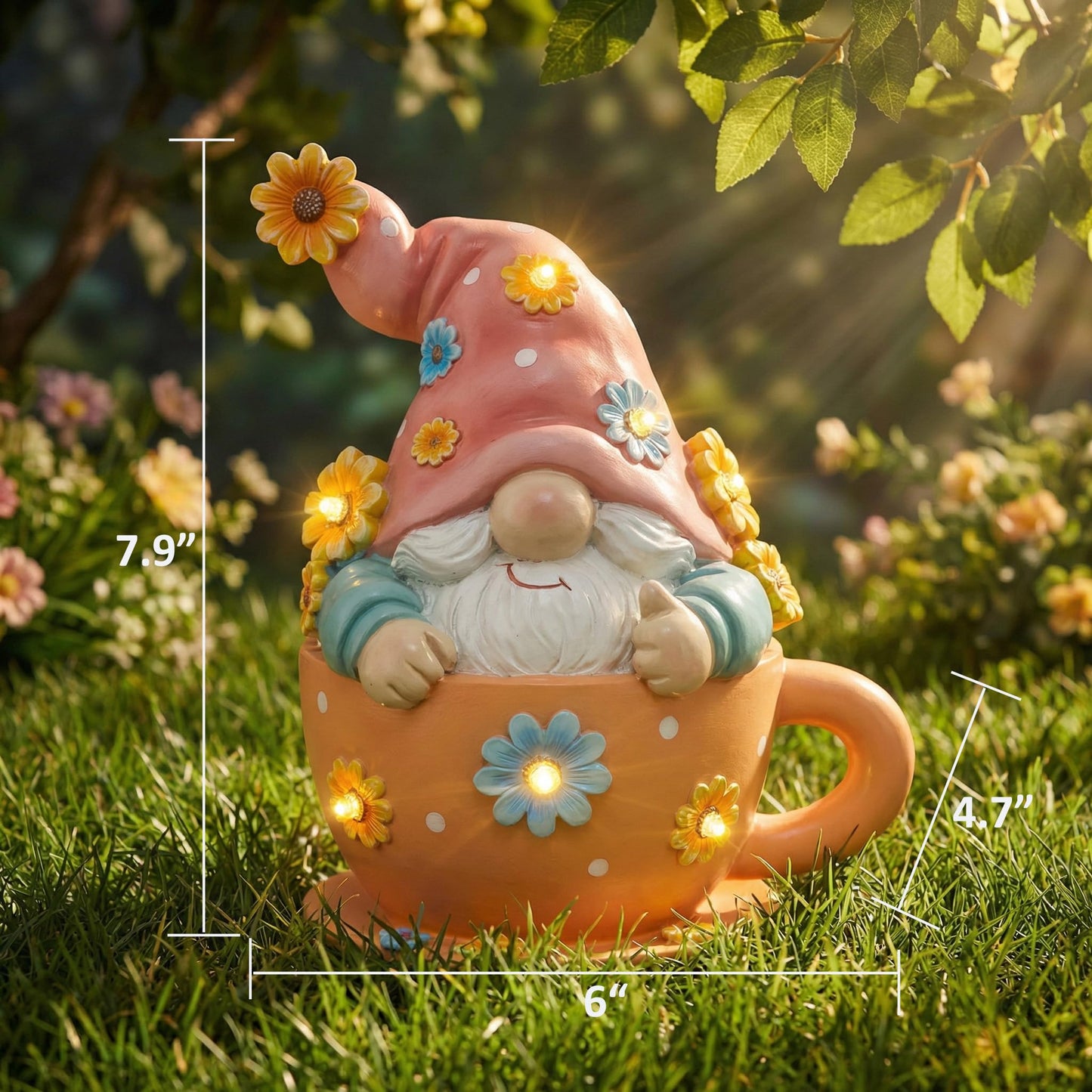Joint Honglin Solar Garden Gnome Statue in Teacup - Outdoor Gnome Figurine with 5 Glowing LED Flowers, Waterproof Resin Yard Art Decor for Patio, Lawn, Porch, Fairy Garden Gift for Tea Lovers
