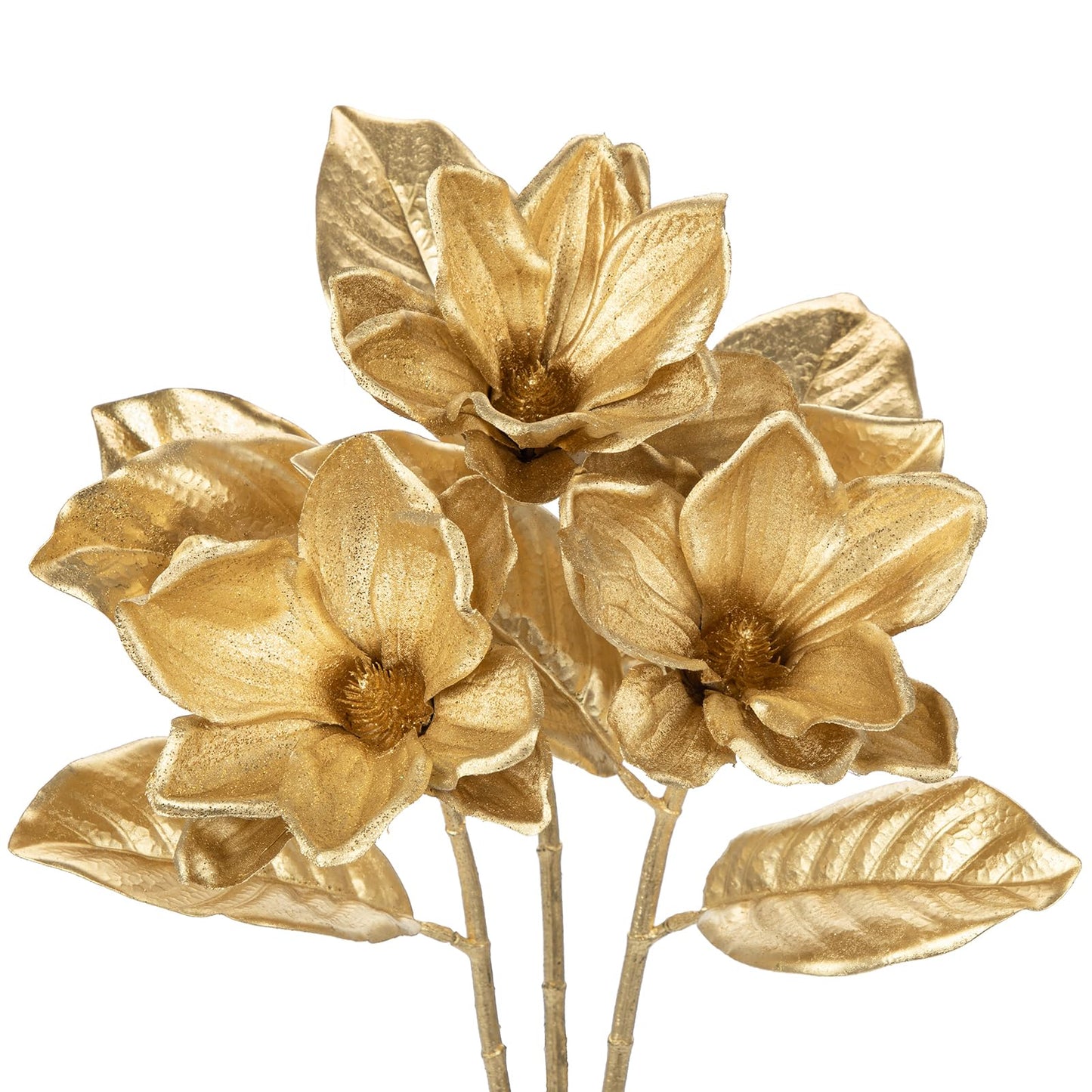 Briful Set of 3 Gold Magnolia Floral Stems 26in Magnolia Artificial Flowers Silk Magnolia Flower Branches for Christmas Home Office Table Vase Decor