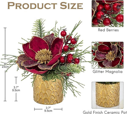 9 inch Red Christmas Table Centerpiece 5" Glitter Magnolia Flower and Red Berries Fir Greenery Artificial Christmas Floral Centerpiece in Golden Ceramic Pot Christmas Tabletop Arrangement Decor