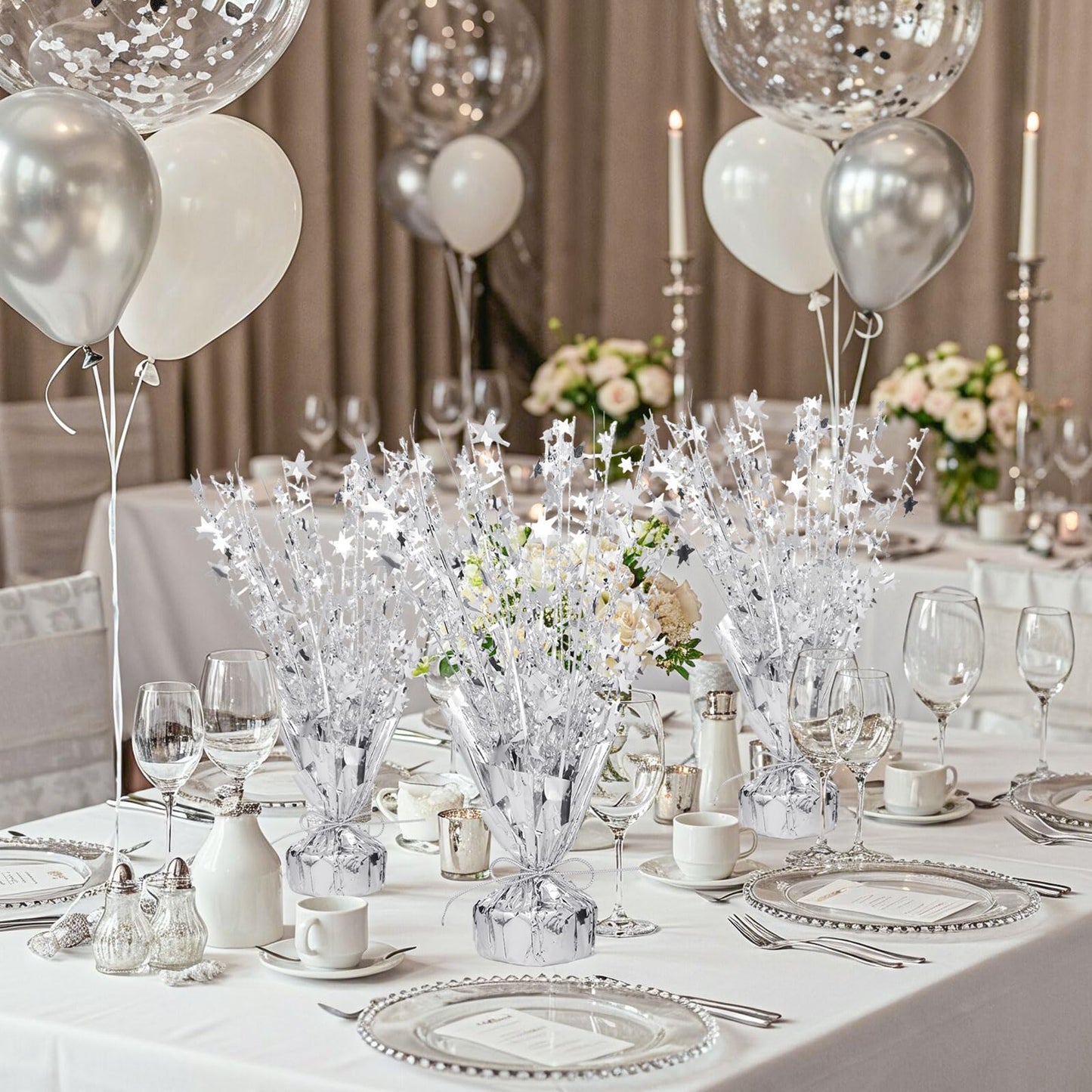 6 Pack Metallic Foil Spray Centerpiece Table Decoration Silver Star Party Centerpieces Table Decorations for Birthday Wedding Anniversary 2026 Graduation Party Decor
