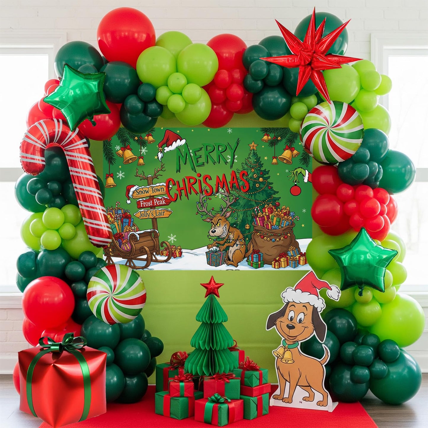 Christmas Balloon Garland Arch Kit with backdrop Xmas Red Green Balloons Candy Cane Gift Box Star Foil Balloons for Christmas New Year Birthday Party Decorations (Red Green)