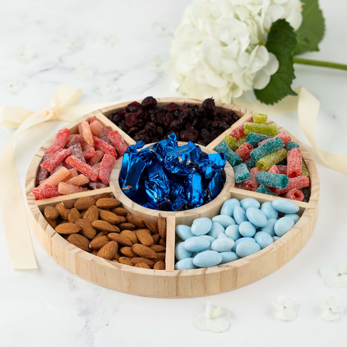 Wooden Candy Platters - Set of 2, 10" Round Bamboo Serving Trays for Parties, Events, and Home Decor - 6 Compartment Candy and Snack Organizer (2 Pack)