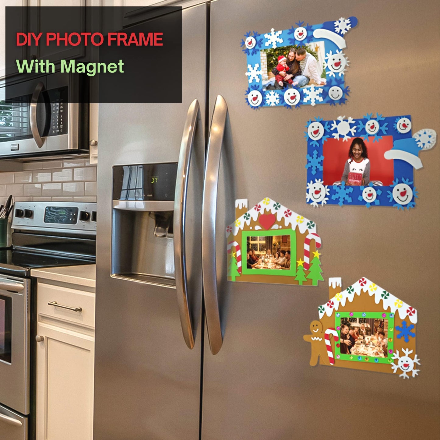 4E's Novelty Foam Gingerbread House Picture Frame Craft (4 Pack) – Self Adhesive Gingerbread House Kit, Christmas Photo Magnet Craft Kits for Kids,DIY Foam Christmas Frames for Kid