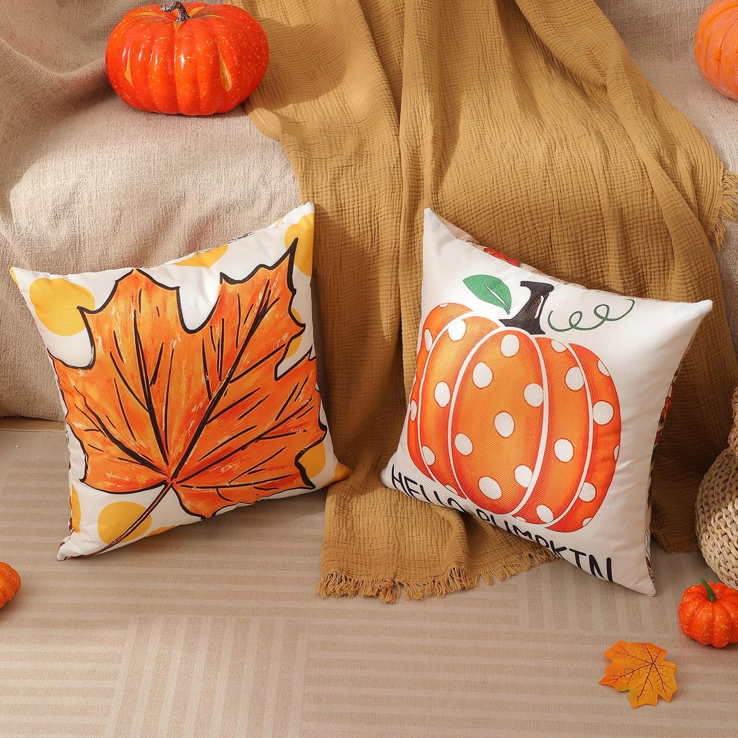 Fall Decorations Set Of 4 Double-Sided Print Fall Pillow Covers with 8 Cute Autumn Decor Patterns, Elegant Invisible Zipper, 20" x 20" Soft Linen Throw Pillow Covers for Outdoor & Indoor Use