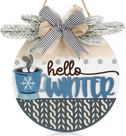TOARTi Hello Winter Welcome Door Wreath with Bow Pine(11.4''x11.4''), Rustic Coffee Cup Snowflake Sign Hanging, Farmhouse Home Kitchen Cafe Wooden Decoration for Christmas Winter Housewarming Gift