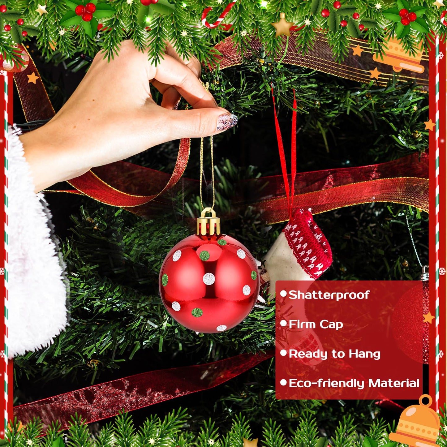 Beeveer 12 Pcs Christmas Tree Ornaments 2.4 Inch Glittering Red Green White Swirl Candy Cane Balls Plastic Pendants for Xmas Party Decorations