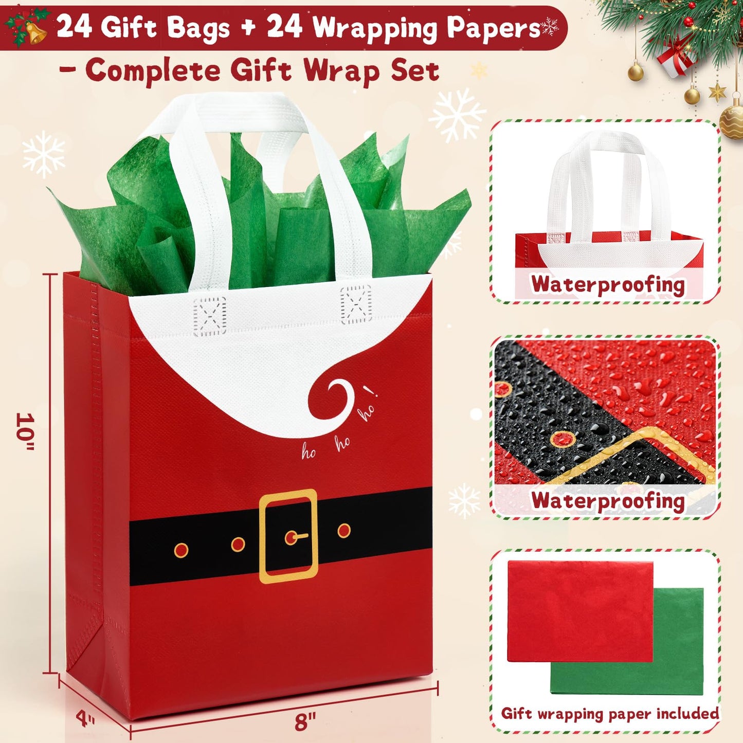 STYPOP 24 Pack 10" Christmas Gift Bags Medium Size with Tissue Paper, Reusable Non-Woven Christmas Tote Bags with Handles, Perfect for Xmas Gift Wrap/Party Favor Supplies, 10" × 8" × 4"