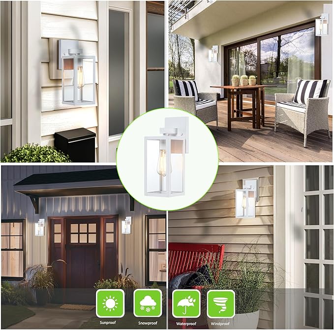 GRUENLICH Waterproof Large Outdoor Wall Lanterns, Modern White Porch Sconces with Clear Glass Shade, E26 Socket Max 60W, IP65 Rated, Metal Frame, for Patio, Front Door, Entryway, 2-Pack