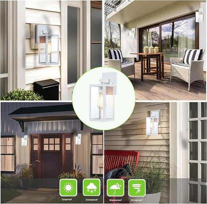 GRUENLICH Waterproof Large Outdoor Wall Lanterns, Modern White Porch Sconces with Clear Glass Shade, E26 Socket Max 60W, IP65 Rated, Metal Frame, for Patio, Front Door, Entryway, 2-Pack