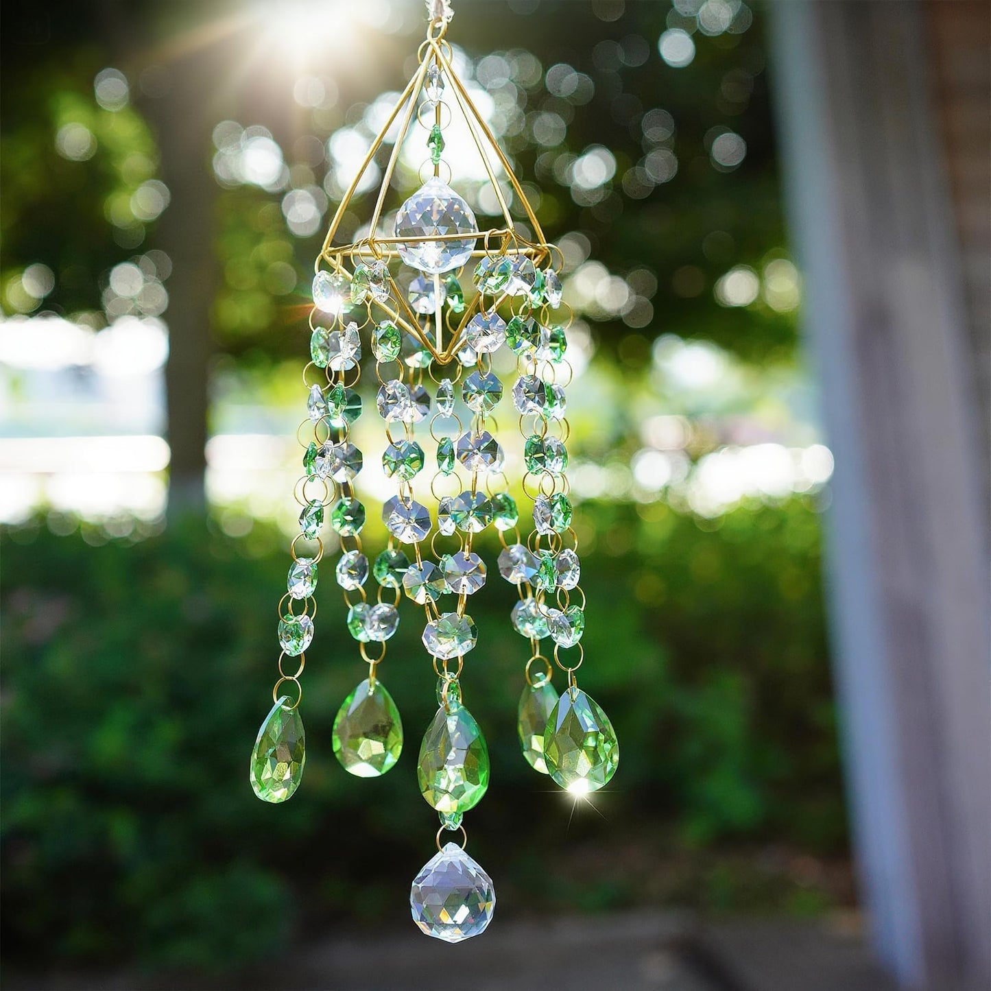 HDCRYSTALGIFTS Crystal Suncatcher Glass Wind Chimes Style Sun Catchers Indoor Window Rainbow Prisms Suncatcher for Window Hanging Home Garden Decor (21.5inch,Green)