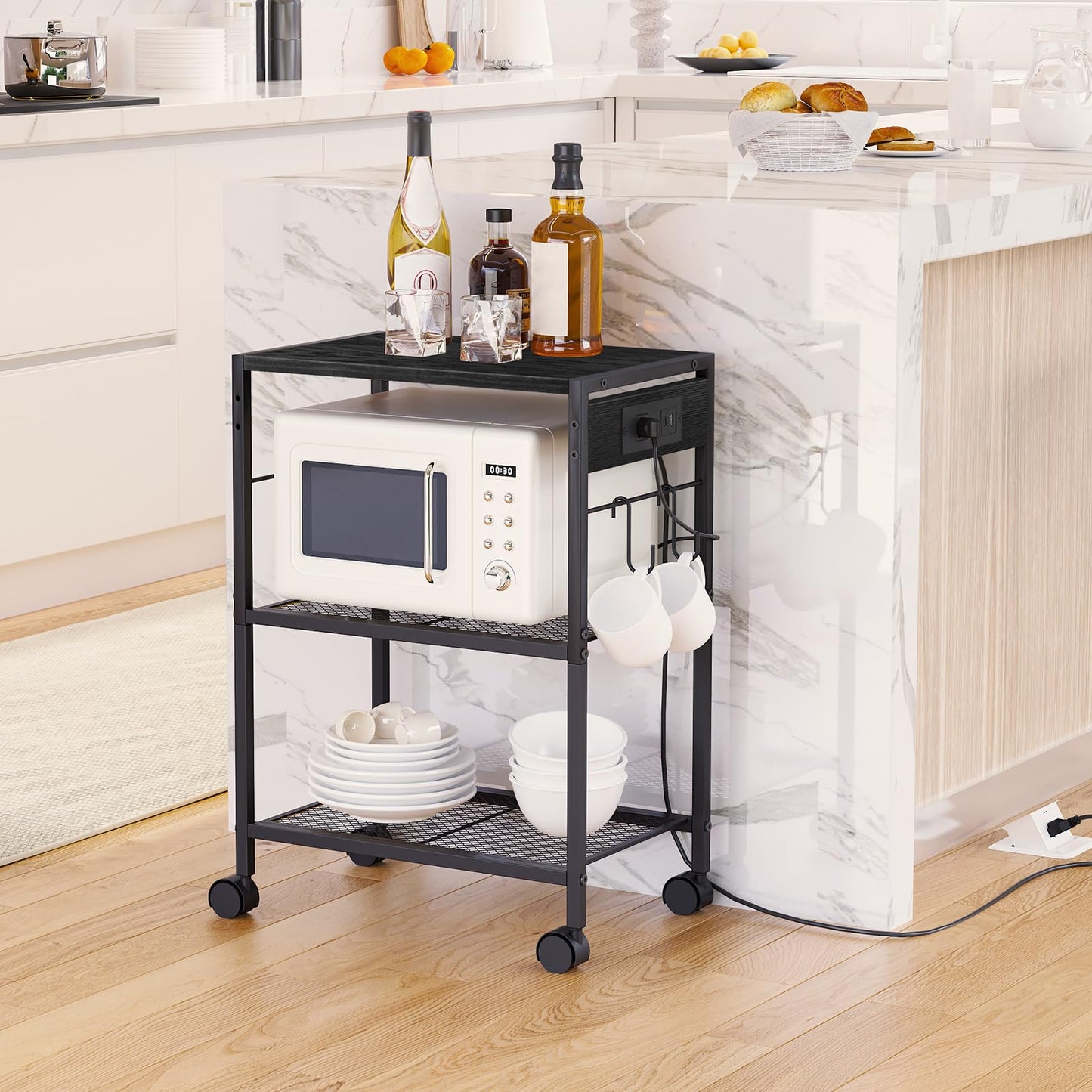 HOOBRO Industrial Printer Stand, 3-Tier Mobile Printer Table, Rolling Cart with Power Outlets and USB Ports, Home Printer Stand with 2 Hooks, for Office, Living Room, Black BB22UPS01