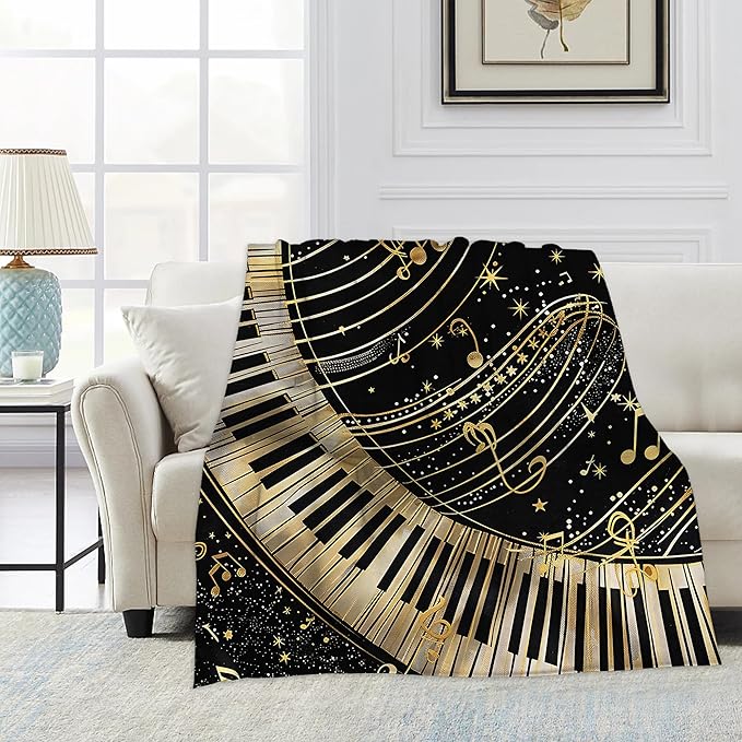 Piano Notes Throw Blanket, Black Gold Blanket Throw for Adults, Lightweight Soft Cozy Blanket for Couch Sofa Bed Room Decor 50x60 Inches