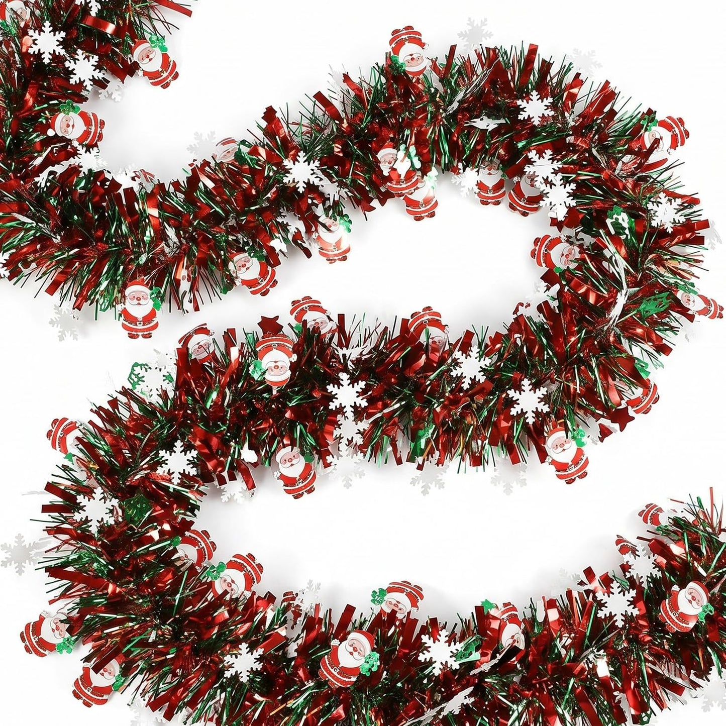 50 Feet Red Green Christmas Metallic Tinsel Twist Hanging Garland with Snowflake Santa Claus for Home Mantle Xmas Tree Staircase Railing New Year Holiday Party Indoor Outdoor Decorations