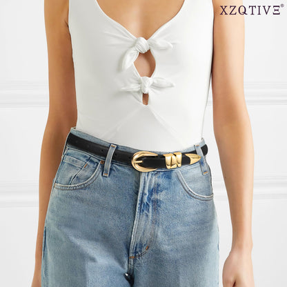 XZQTIVE Women's Skinny Leather Belts Ladies Thin Waist Belts for Jeans Dress Pants Trendy Black Belt with Gold Buckle