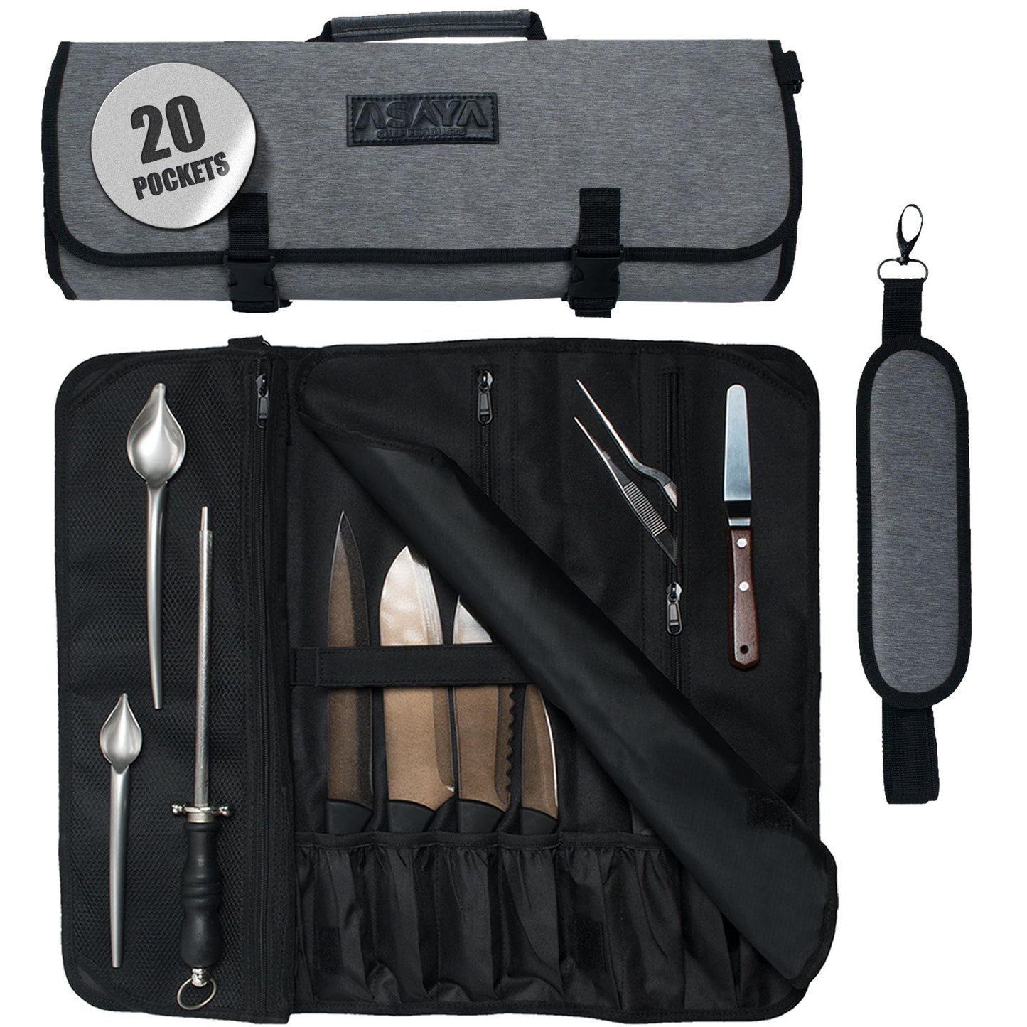 Asaya Waxed Nylon Chef Knife Roll Bag with 20 Slots and Zippered Pockets - Professional Chef Knife Bag & Storage Case, Tool Carrier with Shoulder Strap - Knives Not Included (Grey)