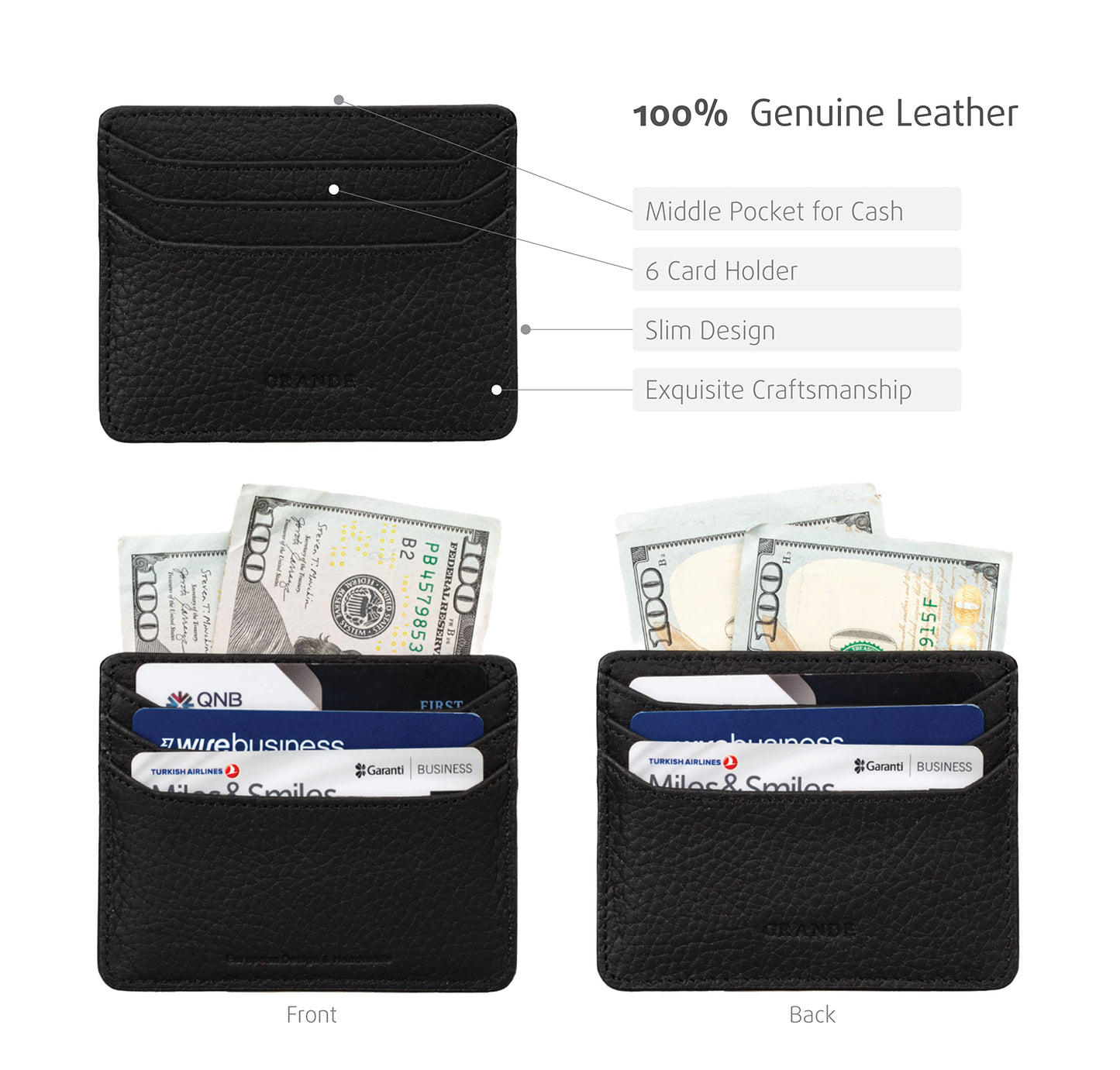 grande 3633 Genuine Leather Card Holder For Women and Men Super Slim Minimalist Small Snap Wallet (Black)