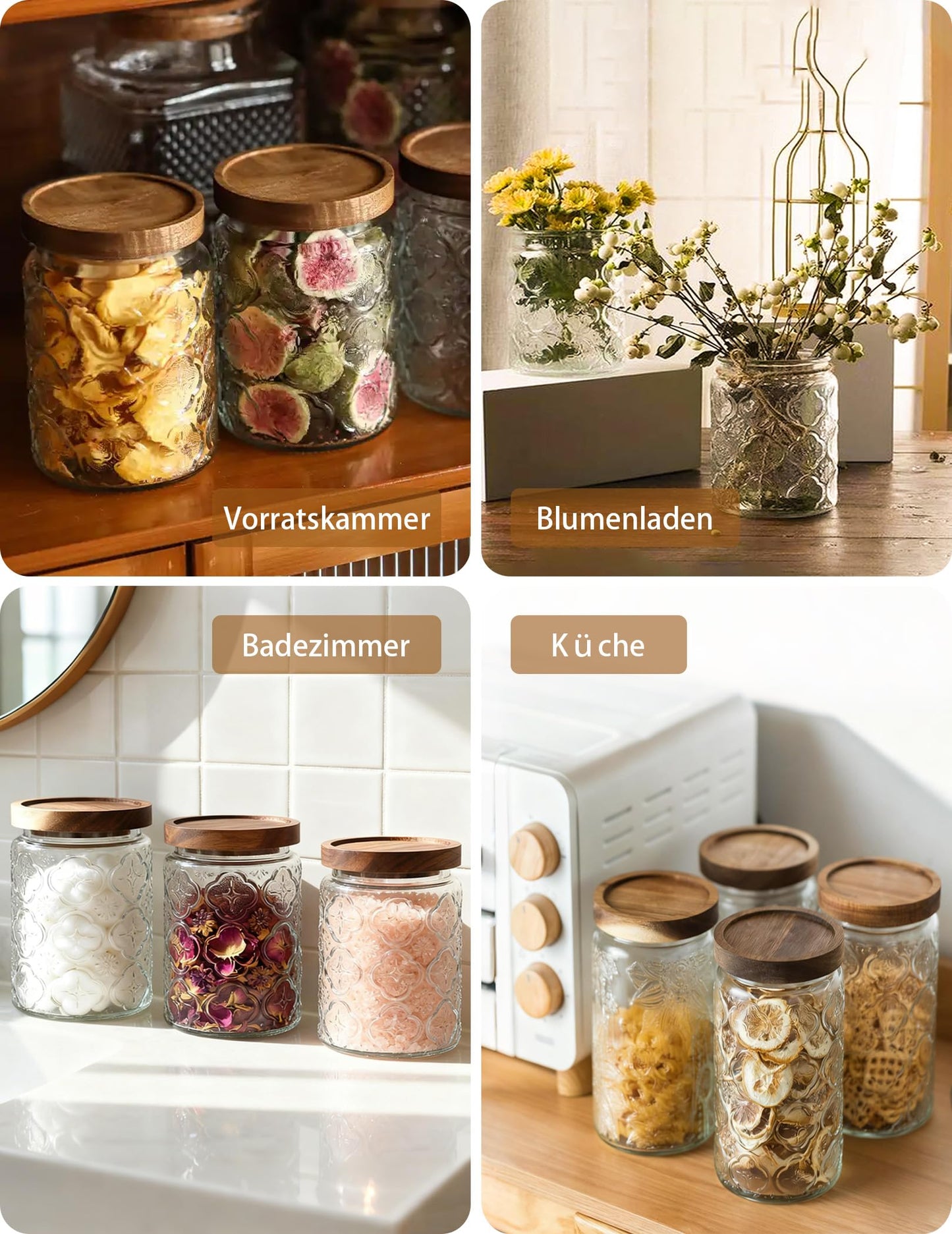 PENGSHU Vintage Glass Jar with Wood Lid - Christmas Airtight Canisters for Kitchen Countertop Bathroom, Storage Candy, Cookie, Coffee, Apothecary, Sugar, Flour,Pet Treat (Begonia, 34oz/1000ml)