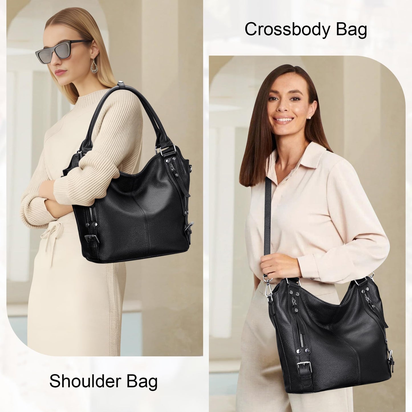 Over Earth Genuine Leather Handbags for Women Hobo Shoulder Bags Ladies Tote Bag(O172E Black)
