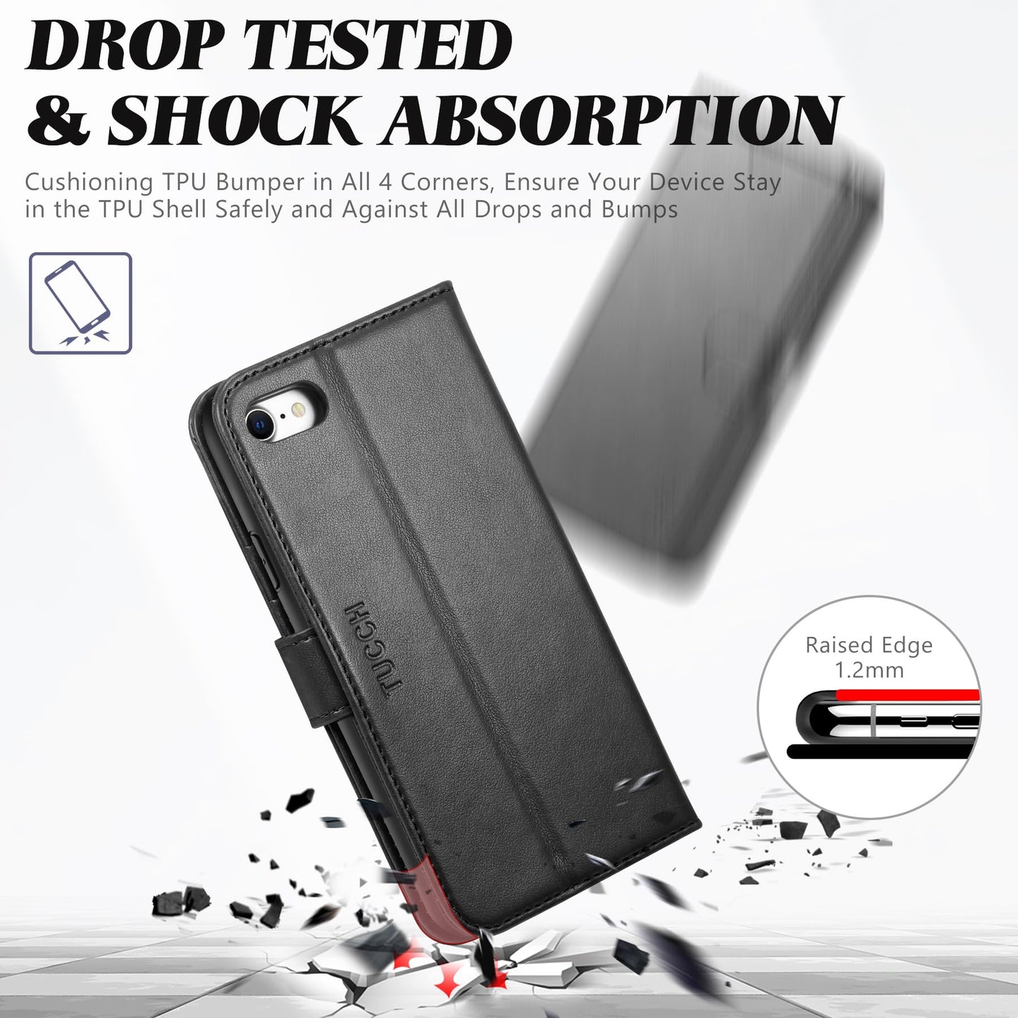 TUCCH Case Wallet for iPhone SE 2022/ iPhone 7/8/iPhone SE 2020, PU Leather 3 Card Slots Stand Magnetic Flip Folio Cover TPU Shockproof Inner Shell, Black