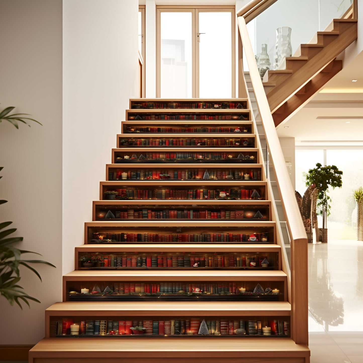 AMAZING WALL Holiday Stair Riser Decals, Bookshelf with Warm Lights, Peel and Stick, Removable, Set of 12, Seasonal Home Decor