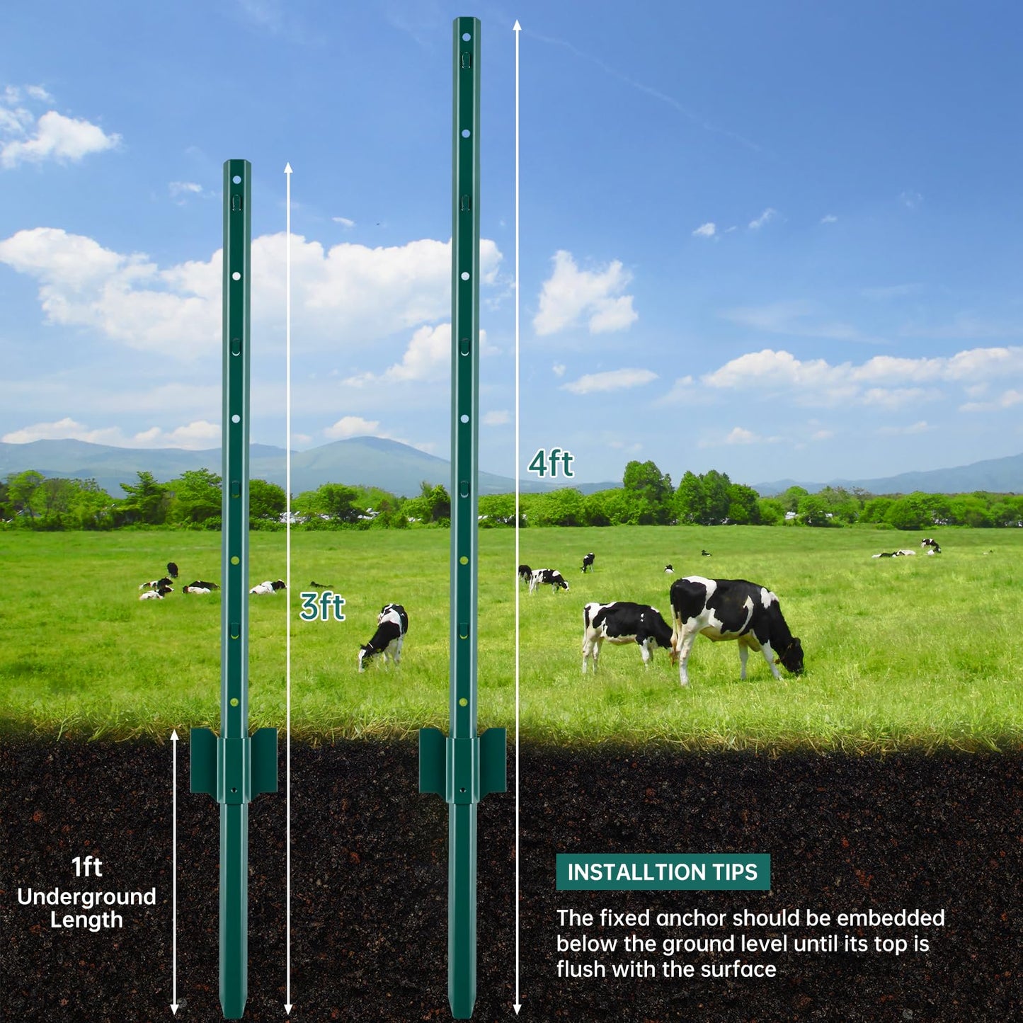 URBANVISTA 10 Pack Metal Fence Posts, 3 FT Heavy Duty U-Post, Green Garden Stakes, No-Dig Post Anchors for Wire Fences, Temporary Fencing, Electric Fence, and Corner Support