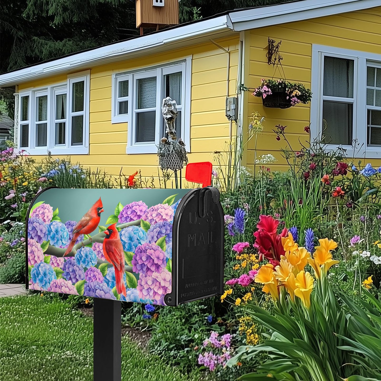 Summer Hydrangea Mailbox Cover Spring Cardinal Bird Mailbox Covers Magnetic Standard Size 21x18 in Blue Purple Floral Post Letter Box Cover Wrap for Home Farmhouse Garden Decor